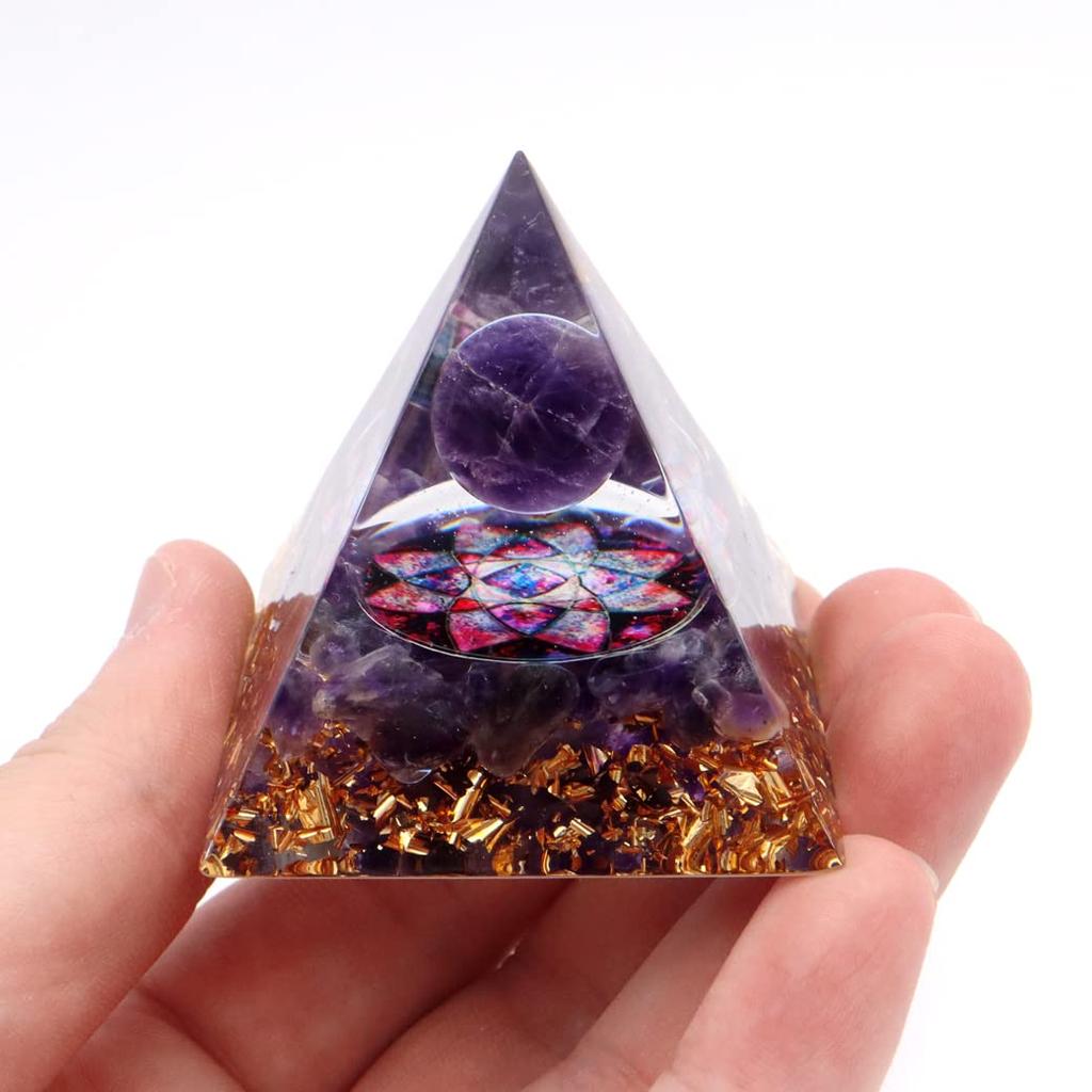 [GOLD STONE] Orgonite Pyramid, Natural Stone Pebbles, Amethyst, Round Bead, Approx. 5cm Wide, Ornament, Power Stone