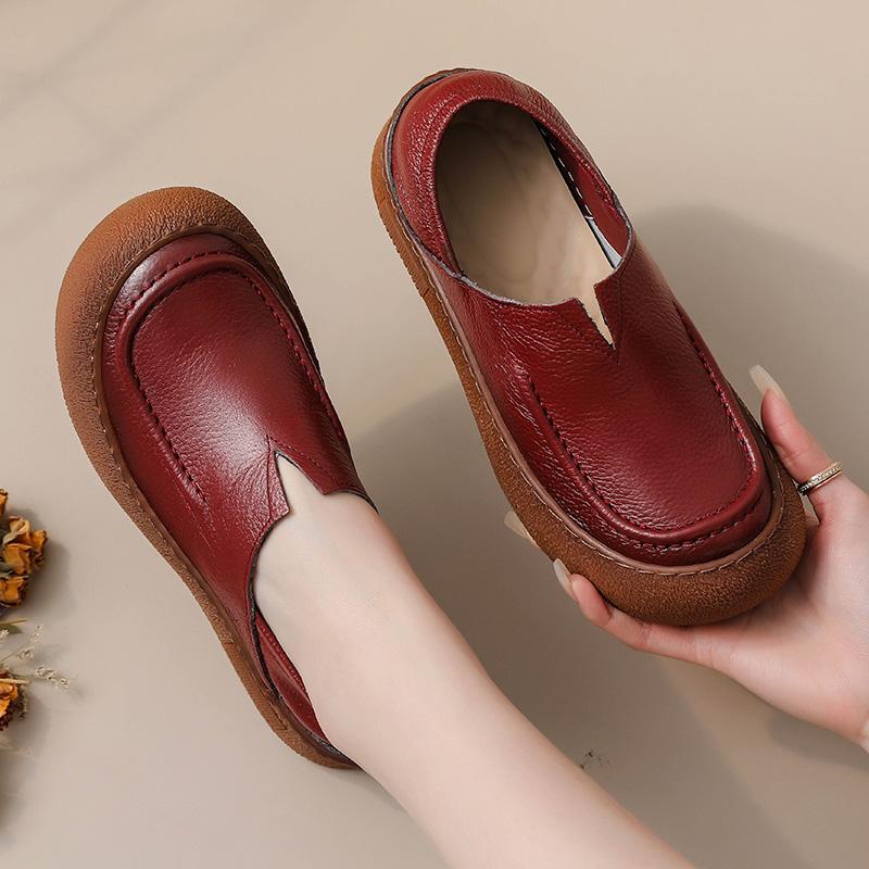 Fashion Original Natural Leather Shoes for Women Vintage Comfort Round Toe Buckl Flats Woman Slip On Orthopedic Loafers Ladies Moccasins
