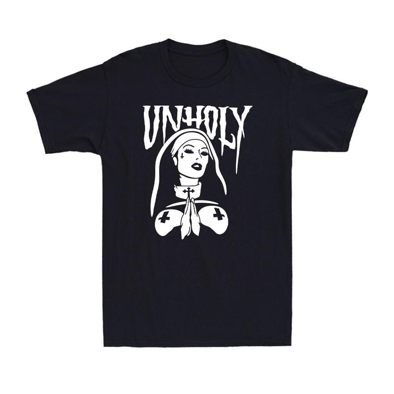 

Unholy Nun Religion Occult Gothic Evil Funny Satanic Nun Retro Unisex T-shirt XXXL