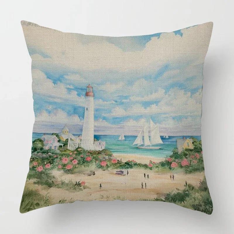 Beach landscape pattern throw pillow cover with short plush print for living room sofa decoration cushion cover pillow covers