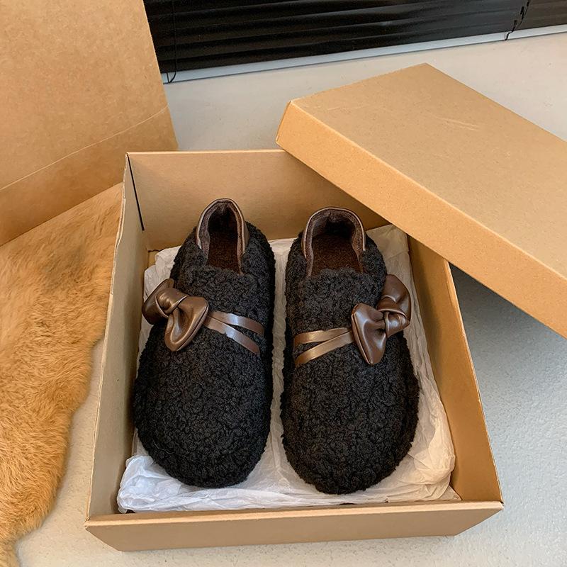2024 Autumn and Winter New Female Cashmere Fashion Bow Hair Shoes Casual Thick Sole Cotton Shoes
