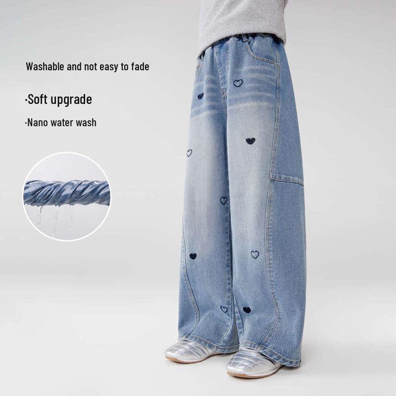 Zuo Xi Girls Heart Embroidered Curved Denim Jeans 165