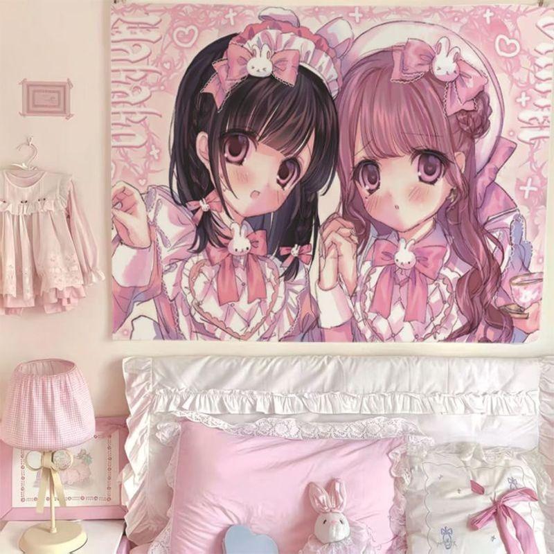 Pink Anime Lolita Girls Tapestry Cute Rabbit Bow Lace Wall Hanging Kawaii Pastel Aesthetic Dorm Bedroom Girls Home Decor