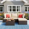 5 Pcs Patio Furniture Sets, Outdoor Patio Set Sectional Sofa, All-Weather PE Rattan Outdoor Couch with Ottoman, Glass Table for