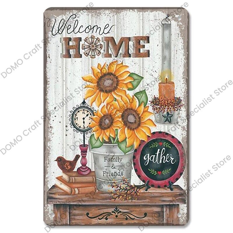 Welcome Poster Metal Plate Vintage Pumpkin Sunflower Bird Metal Tin Signs Wall Decor Garden Door Cafe Party