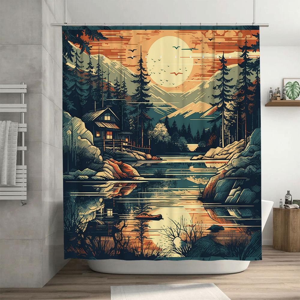 Artistic Bathroom Shower Curtain featuring Mountain Lake Scenery with Full Moon Design Rustic Decor for Your Bathtub Area