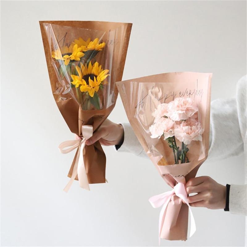 20-80 PEZZI Sacchetto Festa di San Valentino Sacchetto Confezionamento Rose Sacchetto Fiore Carta Kraft Sacchetto Trasparente OPP Impermeabile Confezionamento Fiore Singolo
