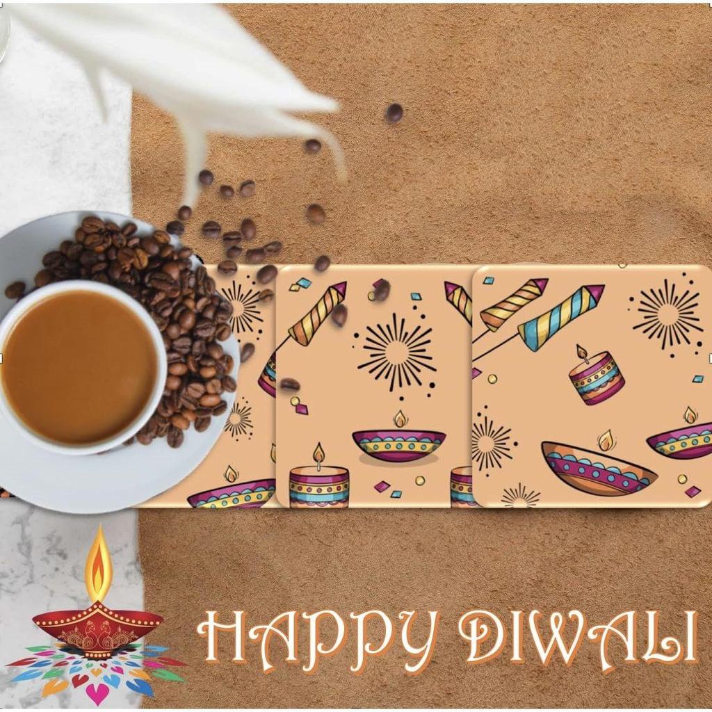 Coaster Set of 4 Beautiful Diwali Festive Tea Coasters with Stand Designer Quality for Tea Cups,Coffee Mugs and Glasses
