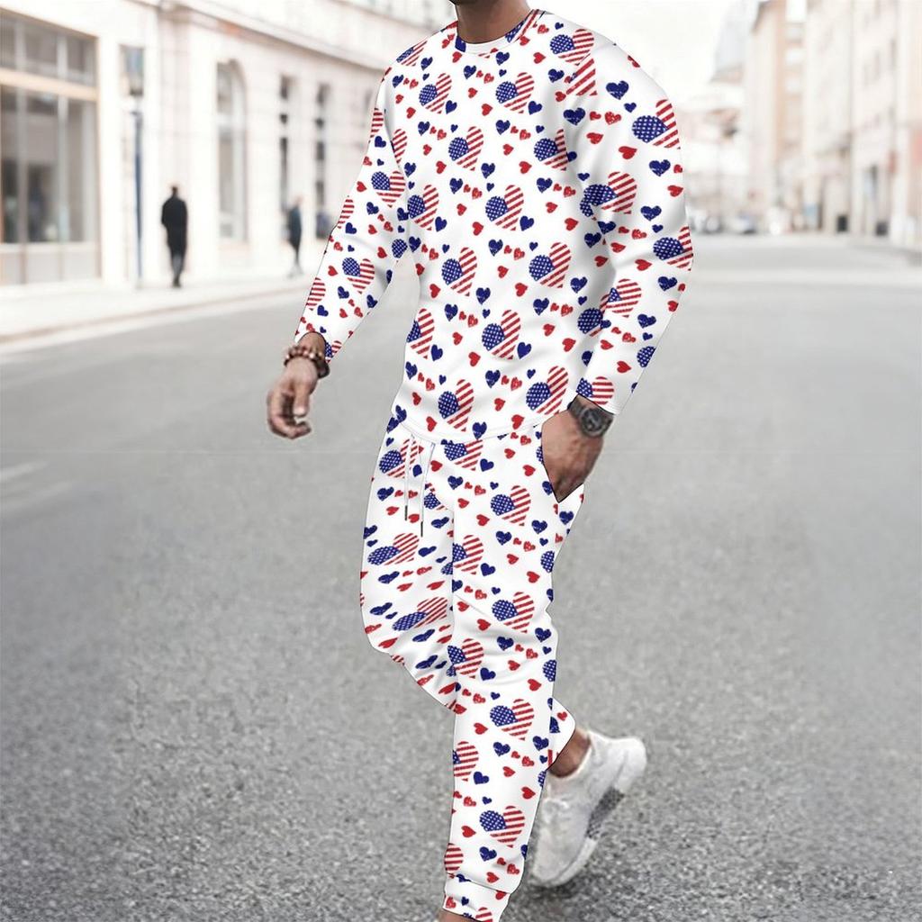 Men Star Gradient Print Round Neck Long Sleeve Top And Drawstring Jogger Pants Two Piece Casual Sport Outfit Set