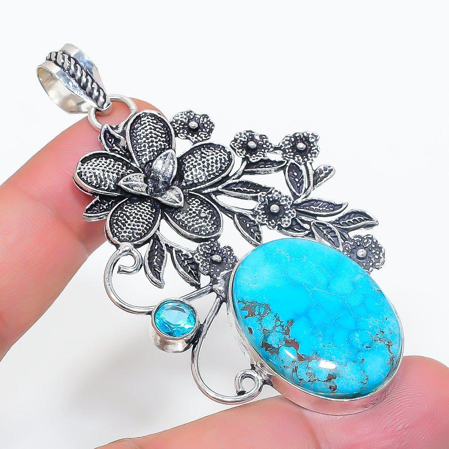 

Natural Tibetan Turquoise, Topaz 925 Sterling Silver Jewelry Pendant 2.92 i7b85