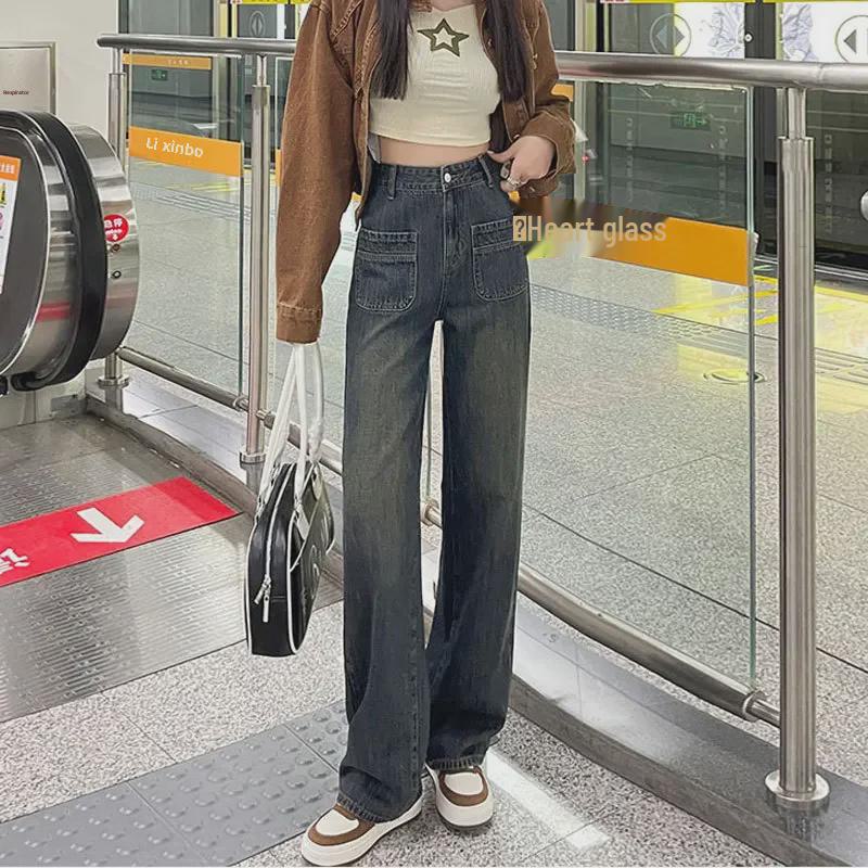 Women's Cement Gray High Waist Slim Straight Jeans - Nostalgic American Style, Wide Leg.