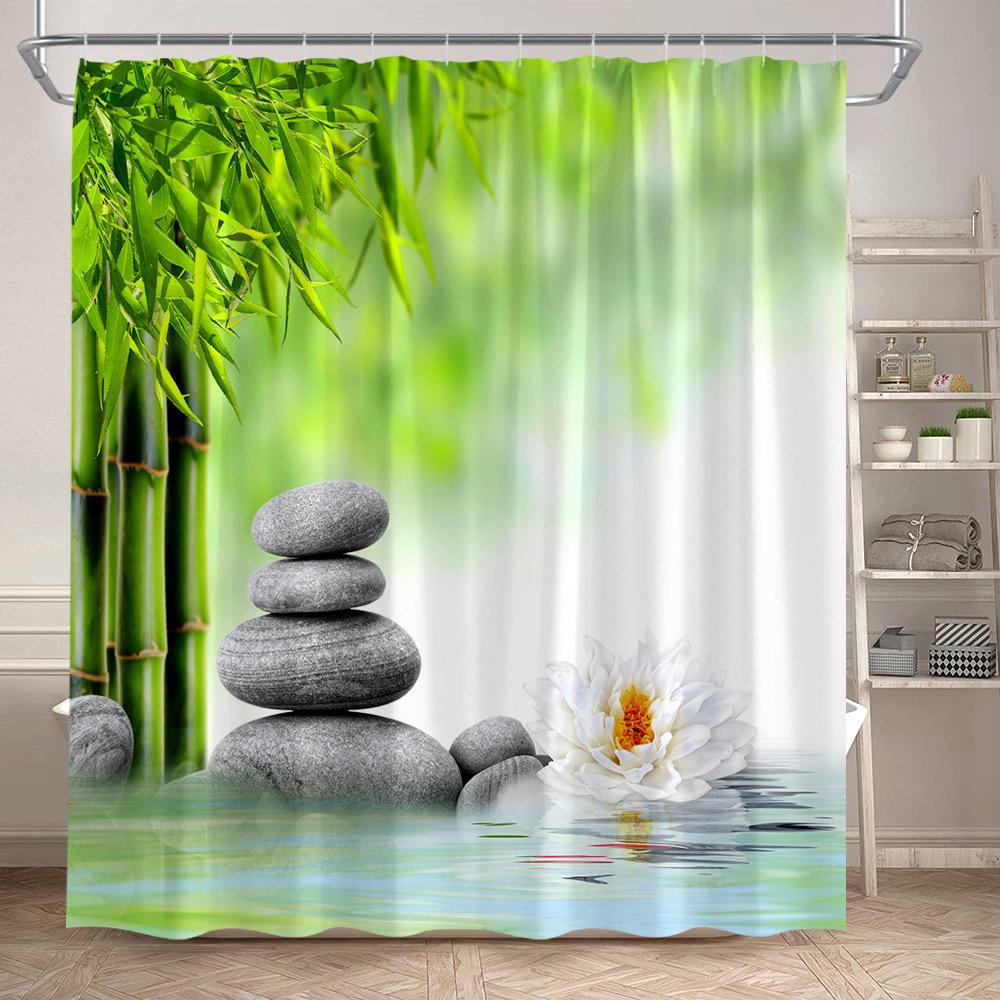Rideaux de douche Zen Bambou Vert Orchidée Pourpre Lotus Papillon Paysage Spa Accrochage Mural Domestique Tissu Rideau de Salle de Bain Décoratif