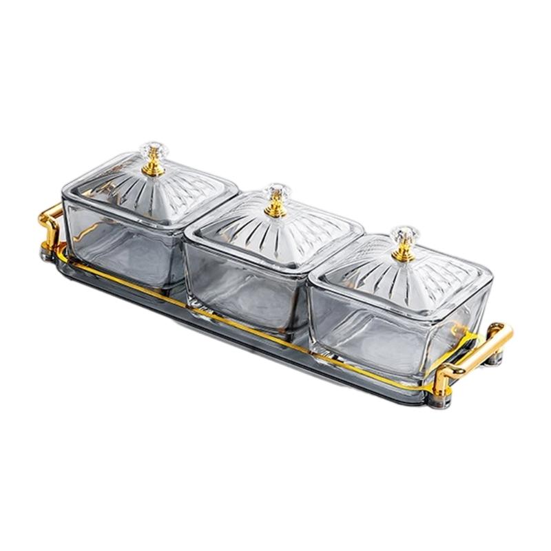 Glass 3 Section Snacks Organizers With Protective Lid And Tray and Removable Bowls For Kitchen Dining Room Display