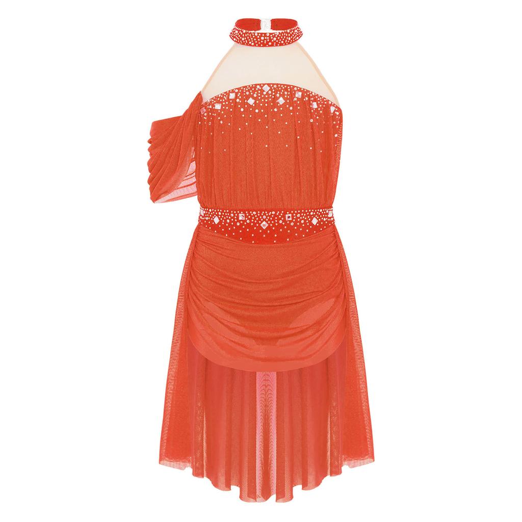 Girls Performance Dress Lyrical Costume Halter Backless Cutout Back Rhinestone Detail Ruched Mesh Draped Skirt