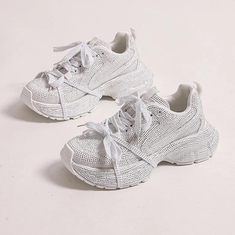 Fashion 5cm Genuine Leather Rhinestone Bling Chunky Sneakers Spring Autumn Rubber Soles Breathable Platform Wedge Women Fashion Shoes