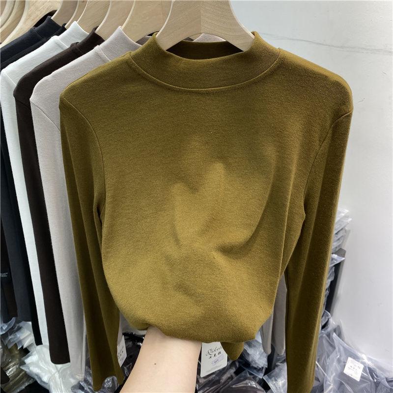 Halv-høyhalset langermet t-skjorte for kvinner, høst og vinter Ny utenlandsk stil Tynn Tynn innvendig Ta Leggings Liten skjortetopp