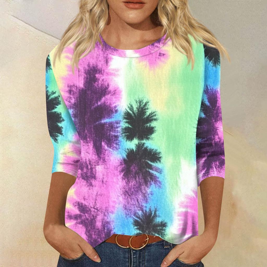 Women's Fashion Casual Seven Sleeve Printed Round Neck T-Shirt Top