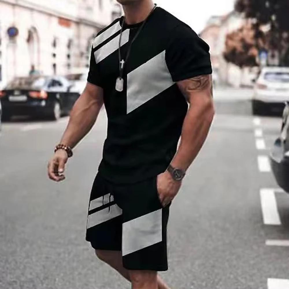 2025 Summer Men's Shorts Set 3D Printed Simple Casual Style Short Sleeved T-shirt+shorts 2-piece Set Fashionable Loose Sports Set Lig