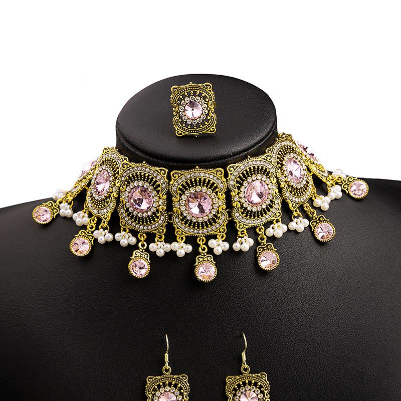 Vintage Gold Gemstone Necklace & Ring Set with Diamond Tassel