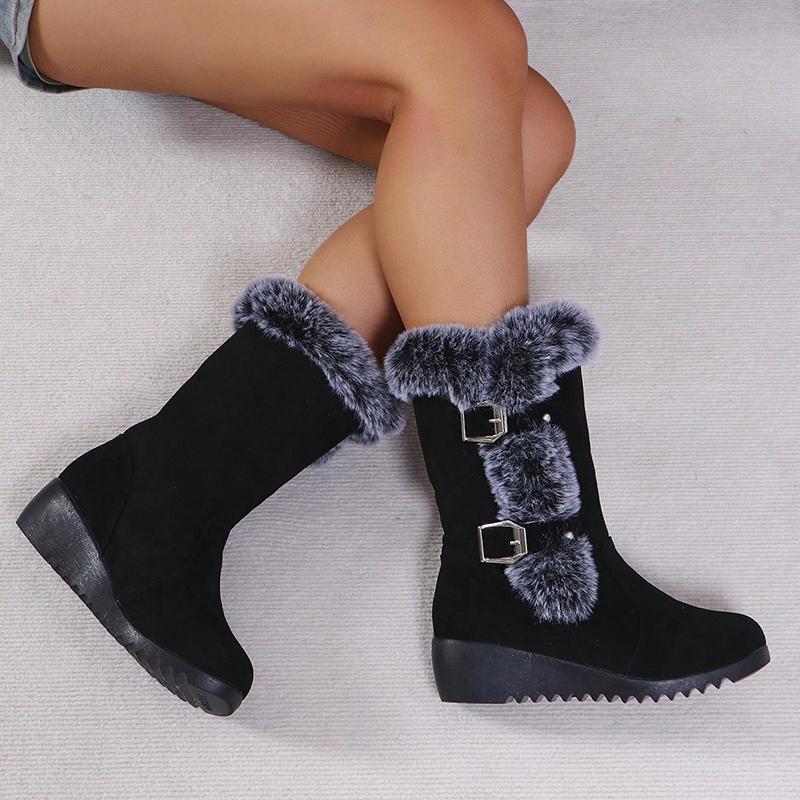 Fashion Women's Wedge Heeled Snow Boots Fashion Buckle Design Faux Fur Mid Calf Boots Woman Comfortable Thicken Warm Plush Winter Boots