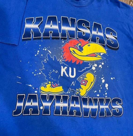 Футболка с логотипом Kansas Jayhawks Синяя с коротким рукавом Все размеры JJ5091 Унисекс Футболка L
