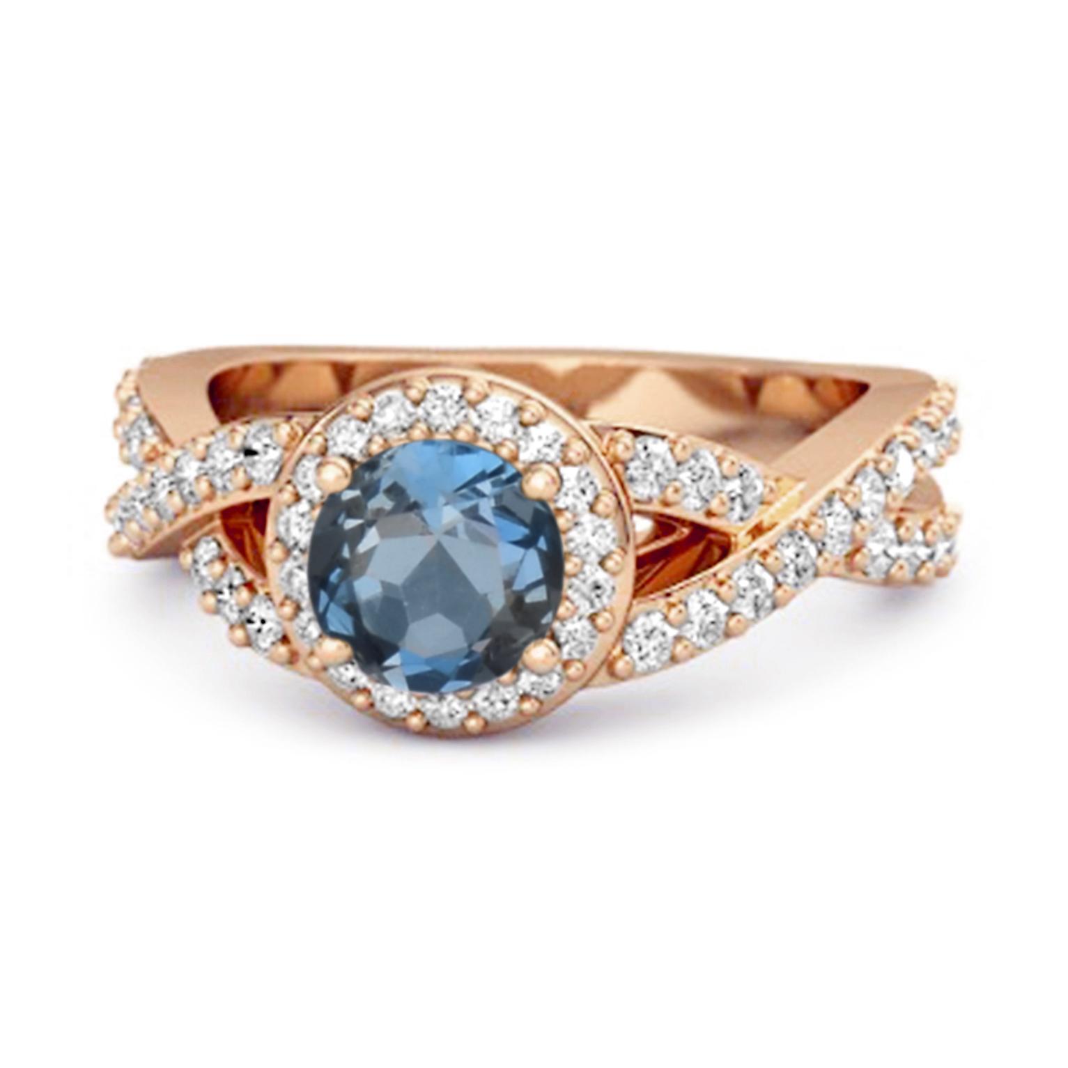 London Blue Topaz Halo Accents Ring - 925 Sterling Silver Rose Gold Vermeil 6