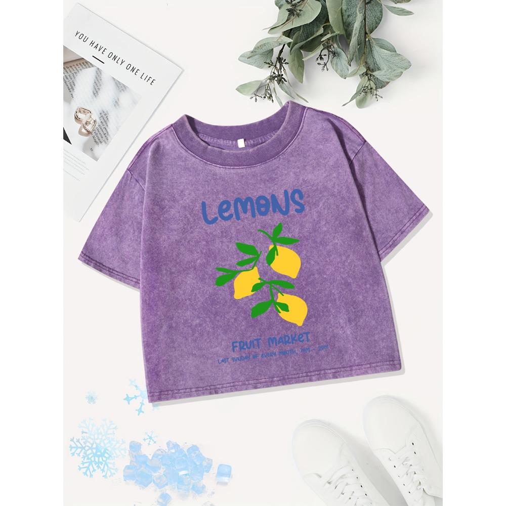 Casual Cotton Crop Tops Women Lemons Fruit Market Printed Washed T-Shirts Regular Fit Streetwear Street Clothes