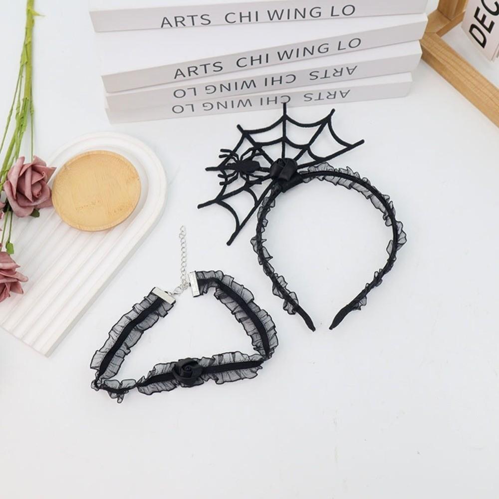 Mesh Halloween Headband Ruffles Spider Web Hairband Creative Hairband Necklace Set  Boys/Girls