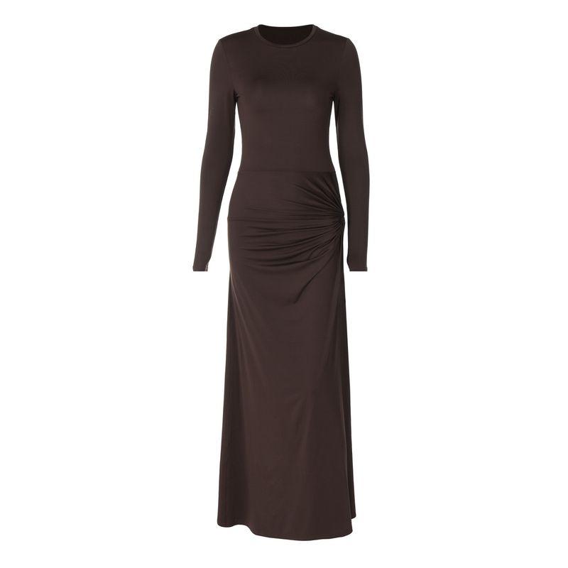 

American Women s Clothing 2024 Fall and Winter New Arrival Long Sleeves Dress European and American Sexy Hollow Backless Crew Neck Split Bodycon Dress Coffee L
