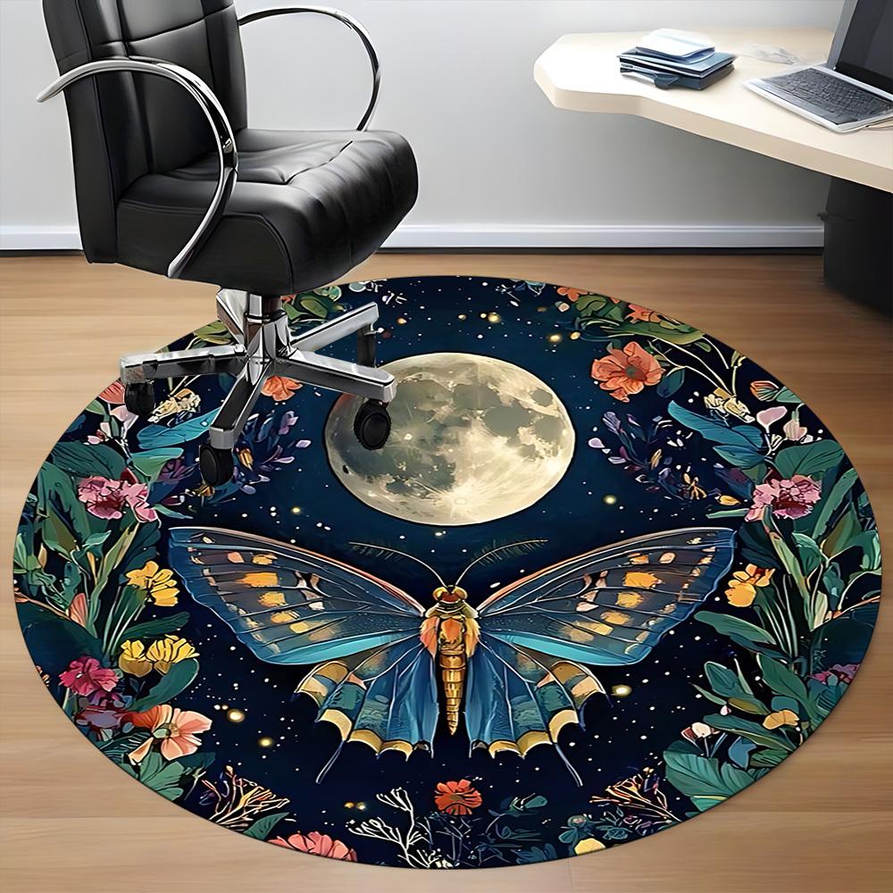 1pc Butterfly Moon Office Round Area Rug, Under Office Chairs Bedroom Living Room Home Decor, Room Deco