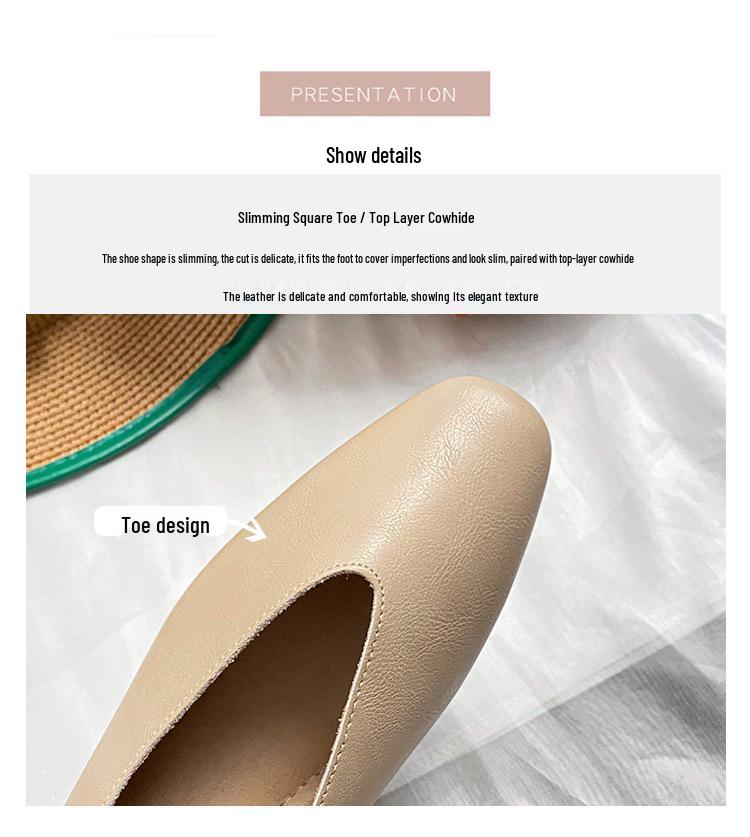 2026 Cowhide Soft Sole Women's Flats: Comfortable, Breathable, Low Heel Square Toe, Shallow Cut, No-Rub Design