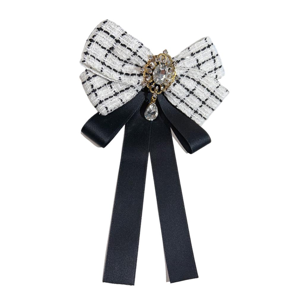 Elegant Rhinestones Plaids Ribbon Bowtie with Pin Pre Tied Adjustable Preppy Bowknot Necktie for Fashionable Women Ties