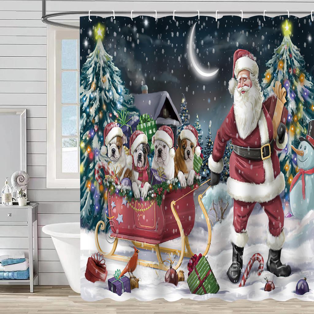 Best-Selling Christmas Digital Print Shower Curtain Waterproof, Includes Plastic C-Shaped Hooks