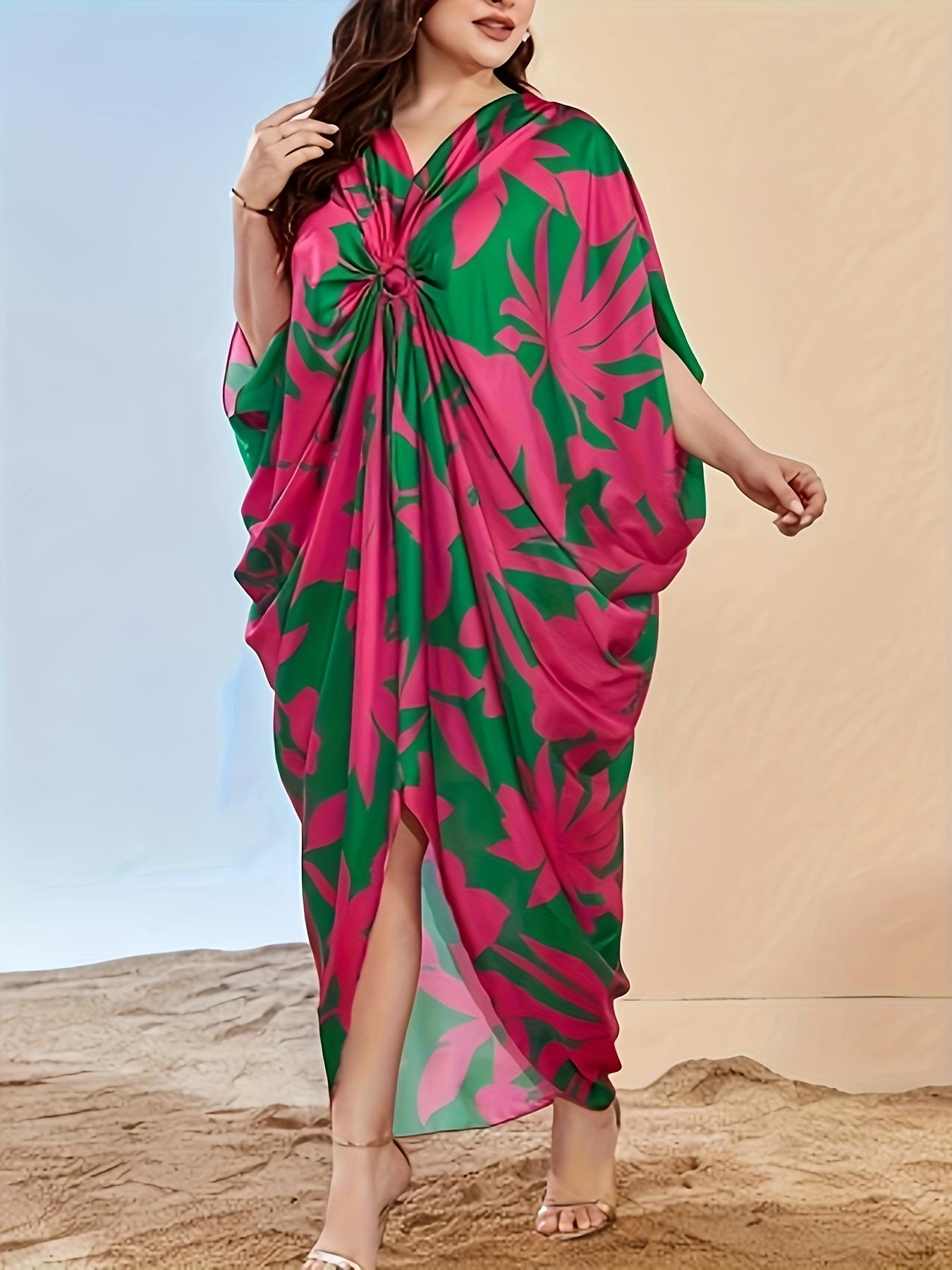 

Женское платье-кафтан в стиле бохо, свободного кроя с растительным принтом и принтом, свободного кроя, в стиле «Vacay Beach» One-size розы красного