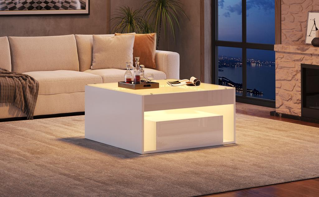 70 x 70 x 35 cm Coffee Table with 2 Drawers, High-Gloss, Openwork Design, Desk and Dining Table, Tempered Glass with LED, White