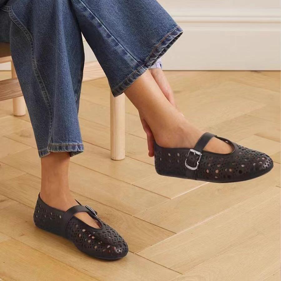New spring and summer shallow mouth dancing single shoes one-word buckle belt hollow round head flat bottom niche ballet boat shoes