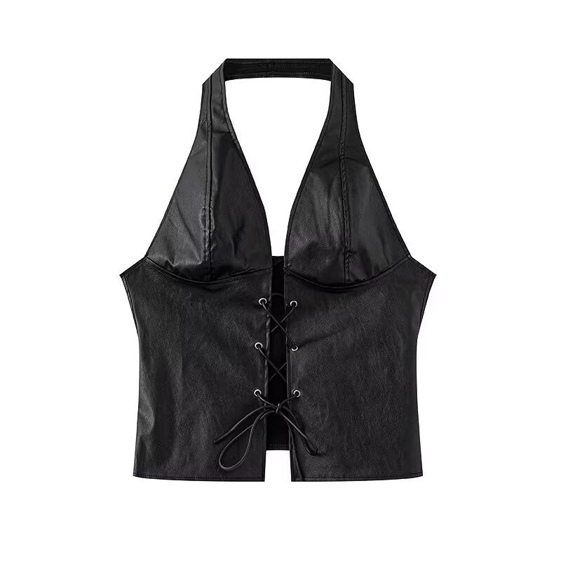 

Zbza Spring New Women clothes Western Style French style Hanging Neck Lace-up Sexy Lace-up Hollow-out Navel Pu Vest Black L