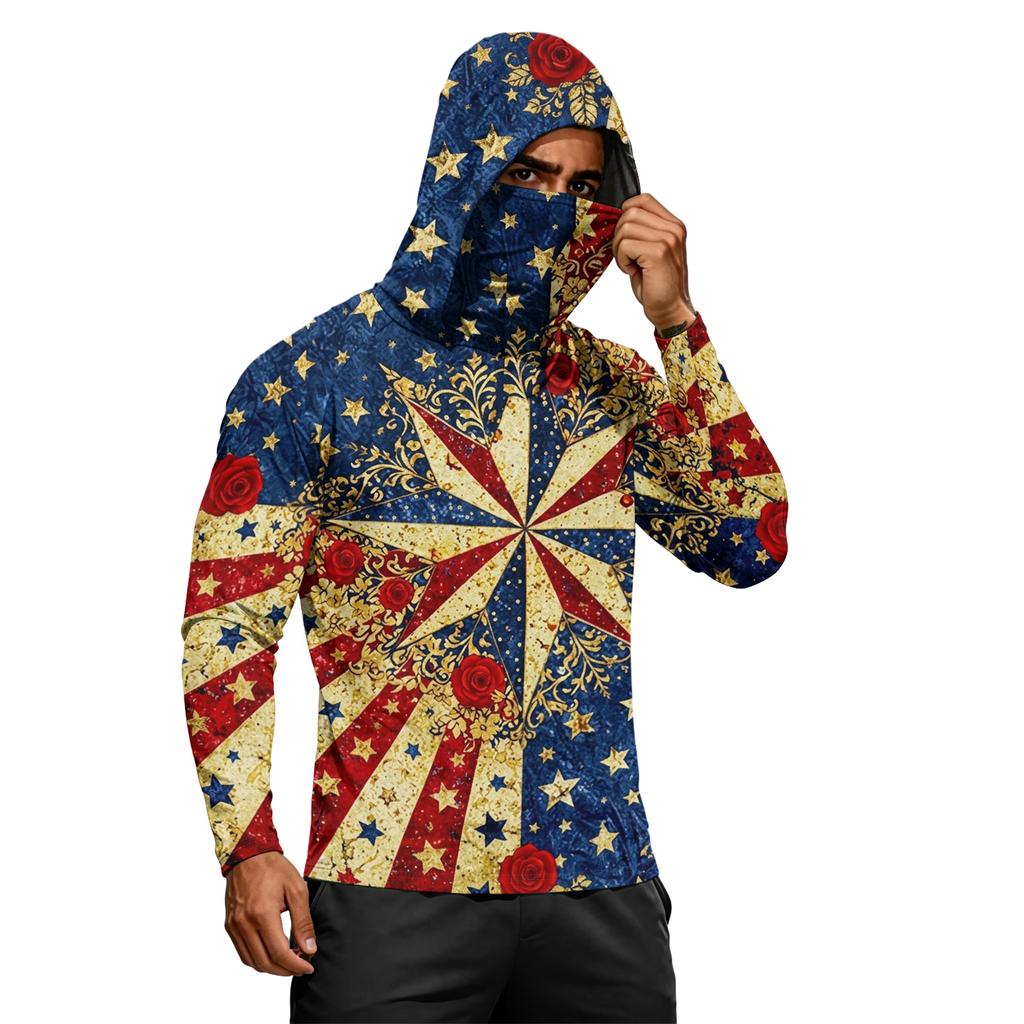Men's Long Sleeve Lightweight Hoodie with Drawstring Hood and Face Covering Flag Print Casual Pullover Top