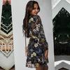 Women Summer Floral Mini Dress High Waist Lace Up A-Line Chiffon Sleeve Black White Navy S-XXL Spring Casual Dress