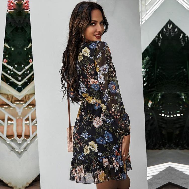 Women Summer Floral Mini Dress High Waist Lace Up A-Line Chiffon Sleeve Black White Navy S-XXL Spring Casual Dress
