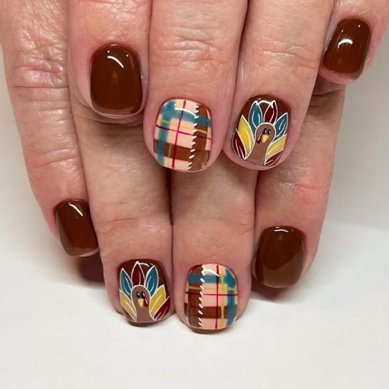 

Thanksgiving Turkey Checkered Design Short Square Press On Nail Lovely ABS Fake Nail For Holiday Party 1
