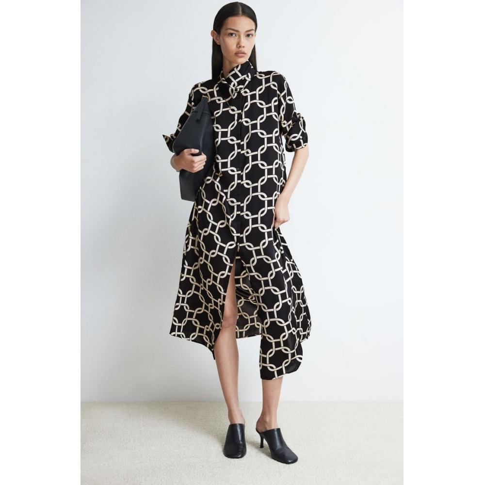 

Платье-рубашка с поясом HM, черное с узором