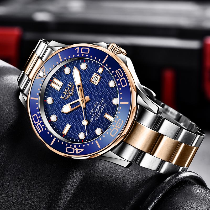 LIGE Top Brand Luxury Watch For Men Stainless Steel Waterproof Clock Sport Watches Mens Quartz Wristwatch Relogio Masculino