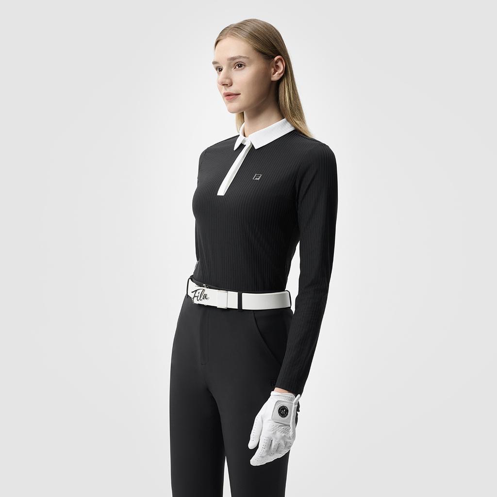 FILA Golf Series Sporty Fashionable Versatile Simple Knitted Long Sleeve Polo Shirt Women tops Deep-Black A11W515207F-BK