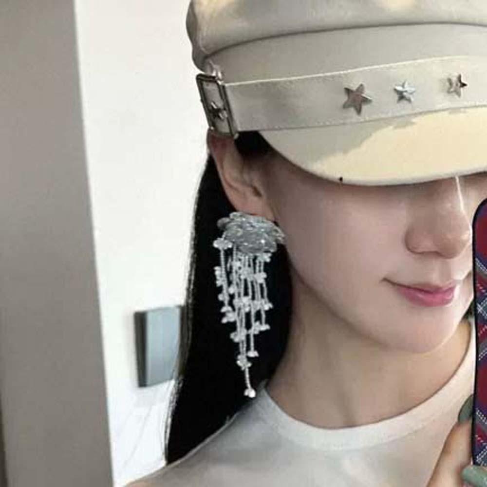 Zinc Zinc Alloy Crystal Beads Ear Drop Rhinestone White Flower Earrings Wedding Long Ear Drop  Holiday