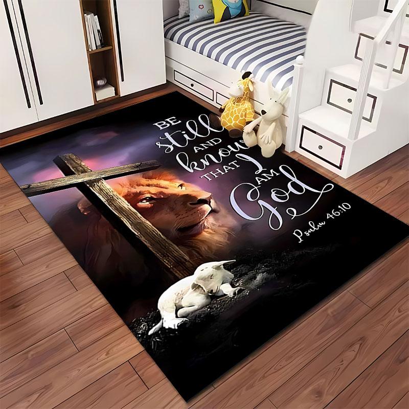 Lion, Cross, and Psalm Design suitable as a non-slip mat for the living room or bedroom sofa