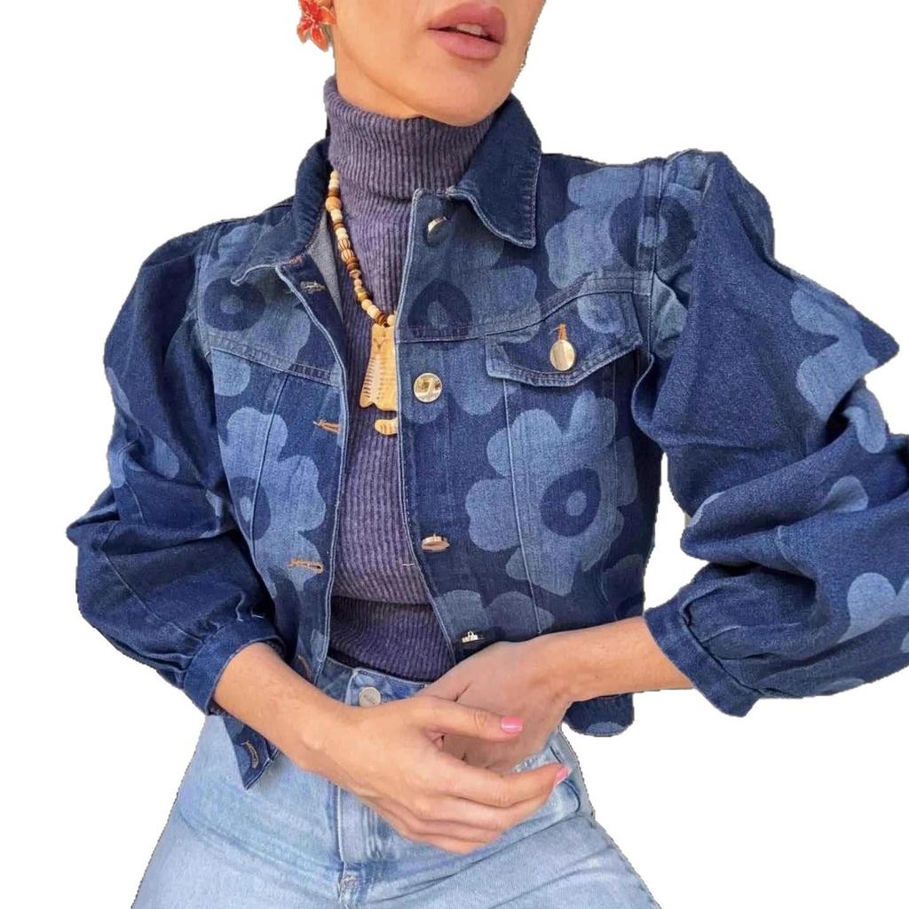 Women's Vintage Floral Denim Jacket - Turn-down Collar, Autumn/Winter Streetwear
