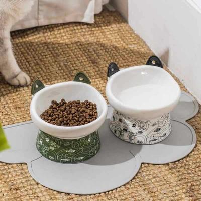 Cute Ceramic Cat Bowl Non-slip Large Capacity Pet High Foot Bowl Anti Overturning with Cat Ear Spoon Pet Drinking Feeder