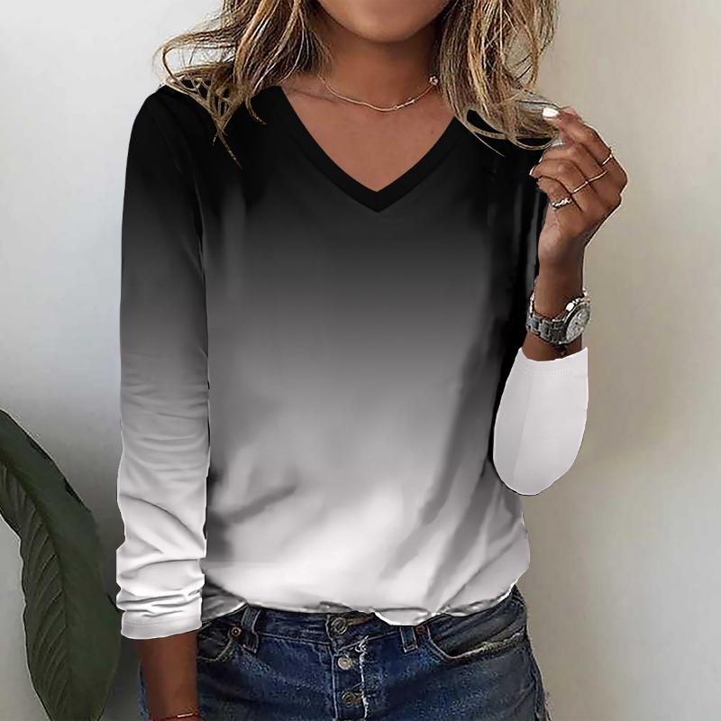 Fashion Gradient Pattern 3D Print Women V-Neck Long Sleeve T-Shirt Autumn Casual Breathable Women's Clothing Apparel Tops Tees