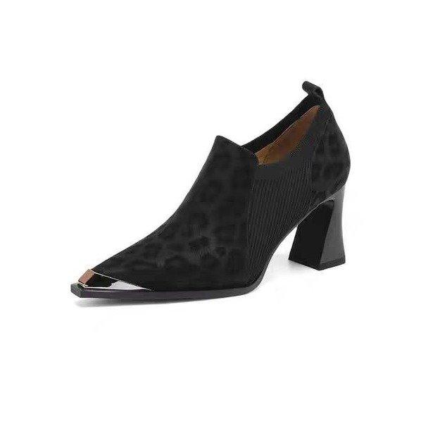 Leopard Print Block Heel High Heels Women Spring and Autumn New Soft Leather Metal Pointed Toe Deep Mouth Single Shoes